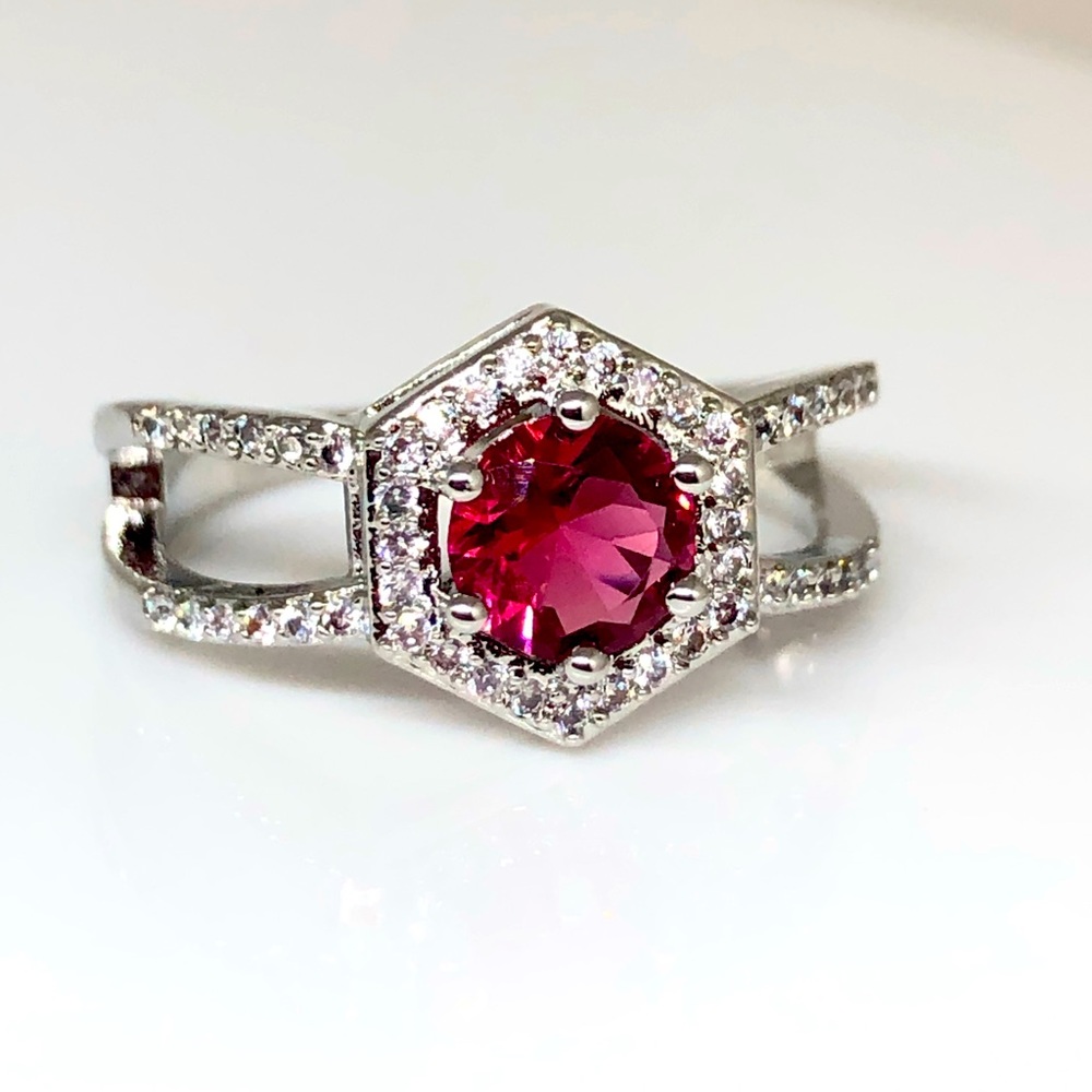 Silver Ruby Red Cz Double Shoulder Ring - image 1